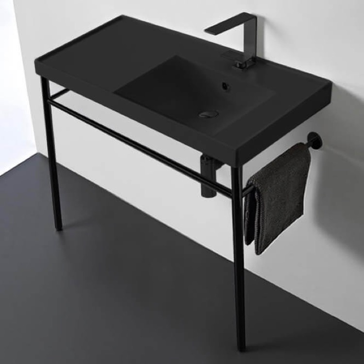 Scarabeo 3009-49-CON-BLK-One Hole Matte Black Ceramic Console Sink and Matte Black Stand