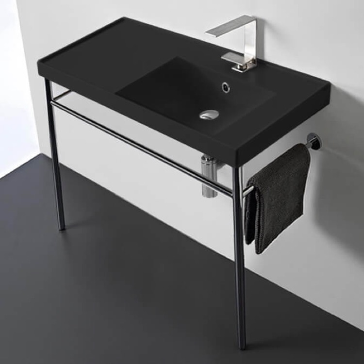 Scarabeo 3009-49-CON-One Hole Matte Black Ceramic Console Sink and Polished Chrome Stand