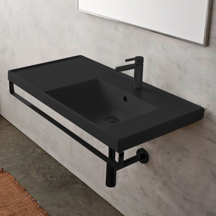 Scarabeo 3009-49-TB-BLK-One Hole Wall Mounted Matte Black Ceramic Sink With Matte Black Towel Bar