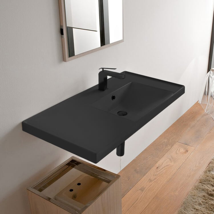 Scarabeo 3009-49-One Hole Rectangular Matte Black Ceramic Wall Mounted Bathroom Sink