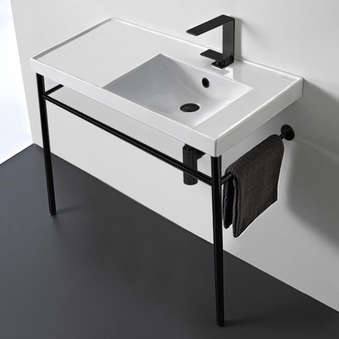 Bathroom Sink, Scarabeo 3009-CON-BLK-One Hole, Rectangular Ceramic Console Sink and Matte Black Stand