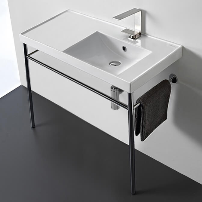 Scarabeo 3009-CON-One Hole Rectangular Ceramic Console Sink and Polished Chrome Stand