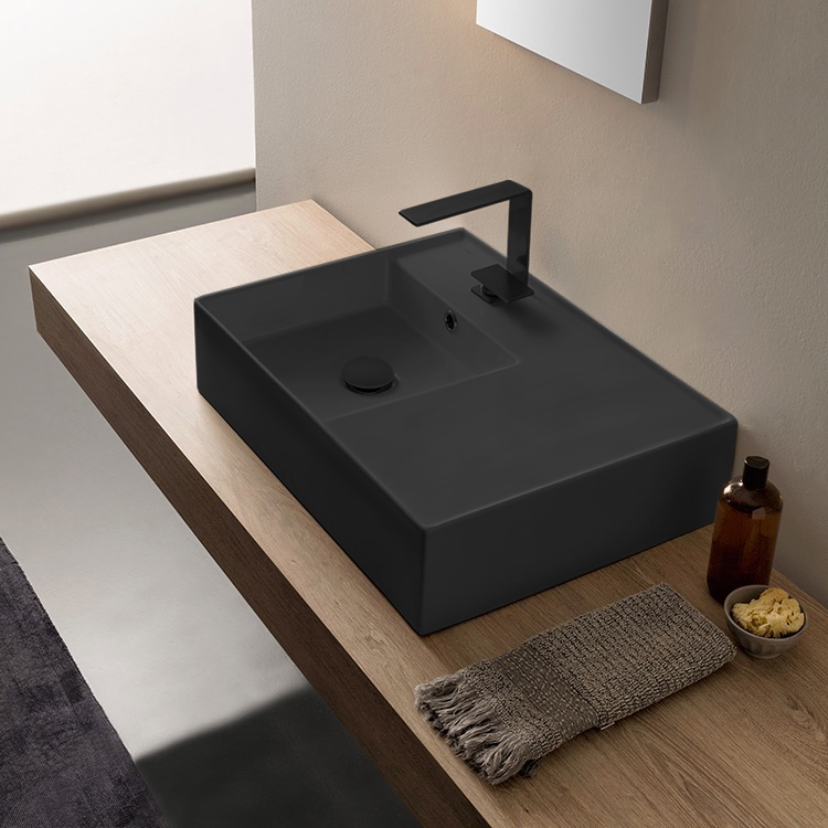 Wall Mounted Sink in Ceramic, Modern, Rectangular, 32, with Counter Space, Teorema 2 Scarabeo 5115 by Nameeks