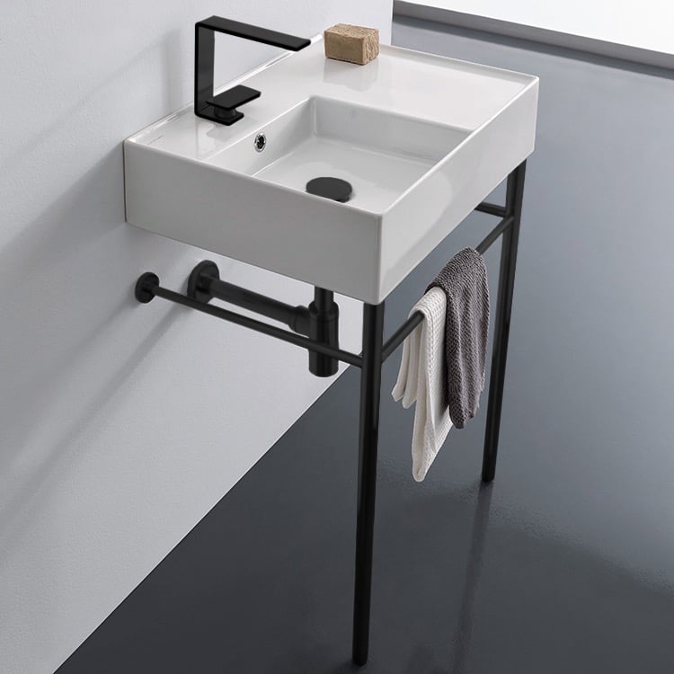 Scarabeo 5114-CON-BLK-One Hole Ceramic Console Sink and Matte Black Stand, 24 Inch