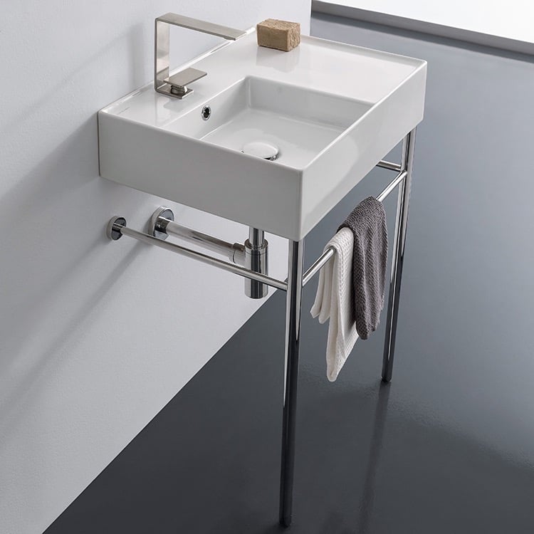 Scarabeo 5114-CON-One Hole Rectangular Ceramic Console Sink and Polished Chrome Stand