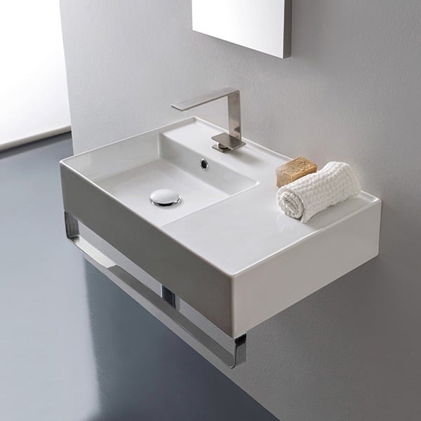 Scarabeo 5114-TB-One Hole Rectangular Ceramic Wall Mounted Sink With Counter Space, Towel Bar Included