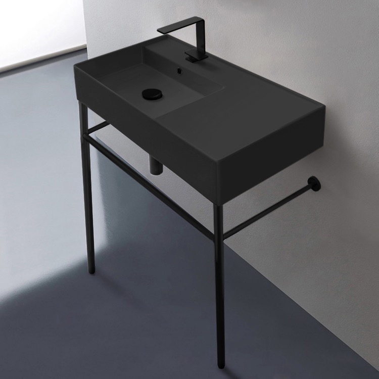 Matte Black Ceramic Console Sink and Matte Black Stand Scarabeo 5115-49-CON-BLK