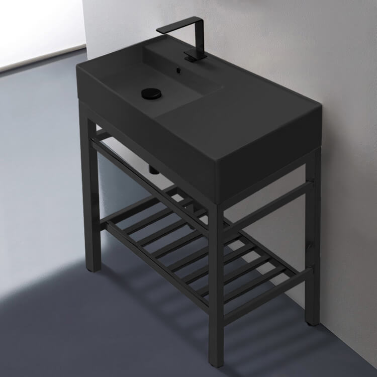 Scarabeo 5115-49-CON2-BLK-One Hole Modern Matte Black Ceramic Console Sink and Matte Black Base