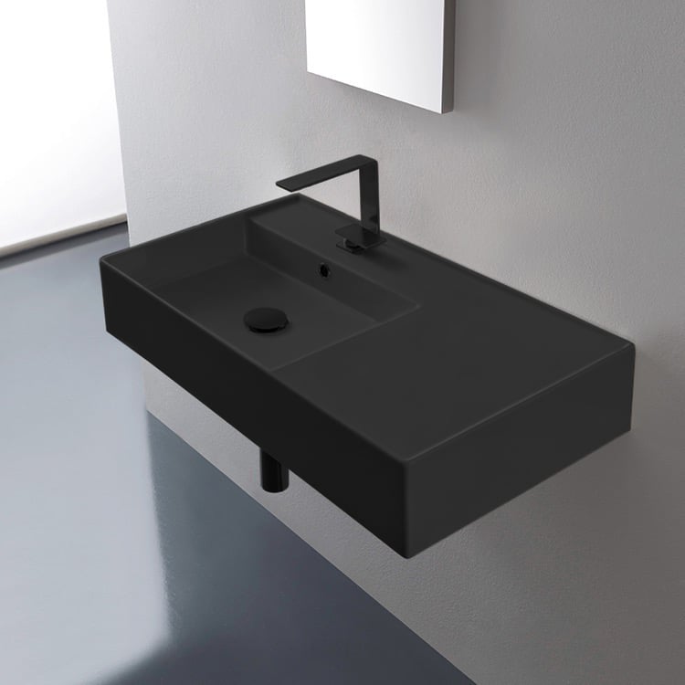 Scarabeo 5115-49 Matte Black Ceramic Wall Mounted or Vessel Sink With Counter Space