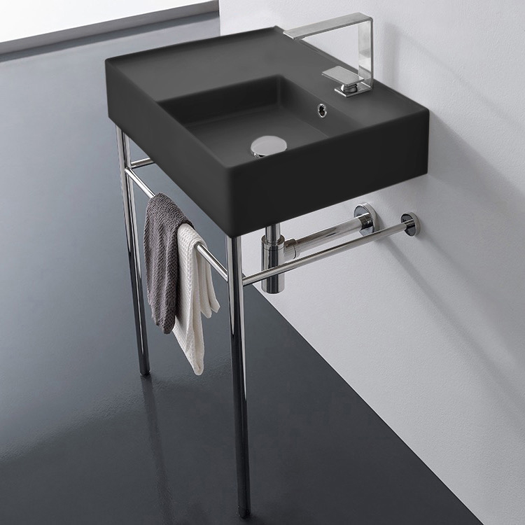 Scarabeo 5117-49-CON-One Hole Matte Black Ceramic Console Sink and Polished Chrome Stand