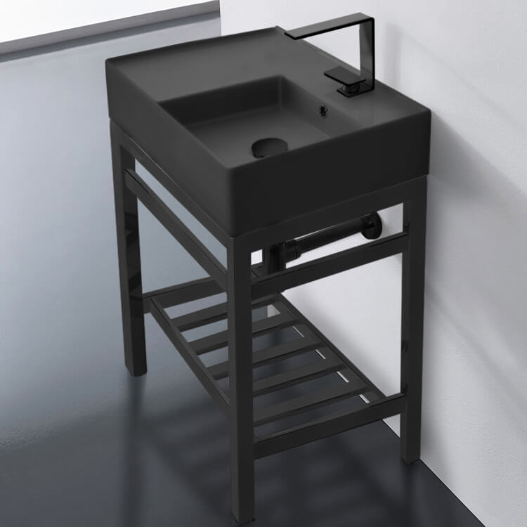 Scarabeo 5117-49-CON2-BLK Modern Matte Black Ceramic Console Sink and Matte Black Base