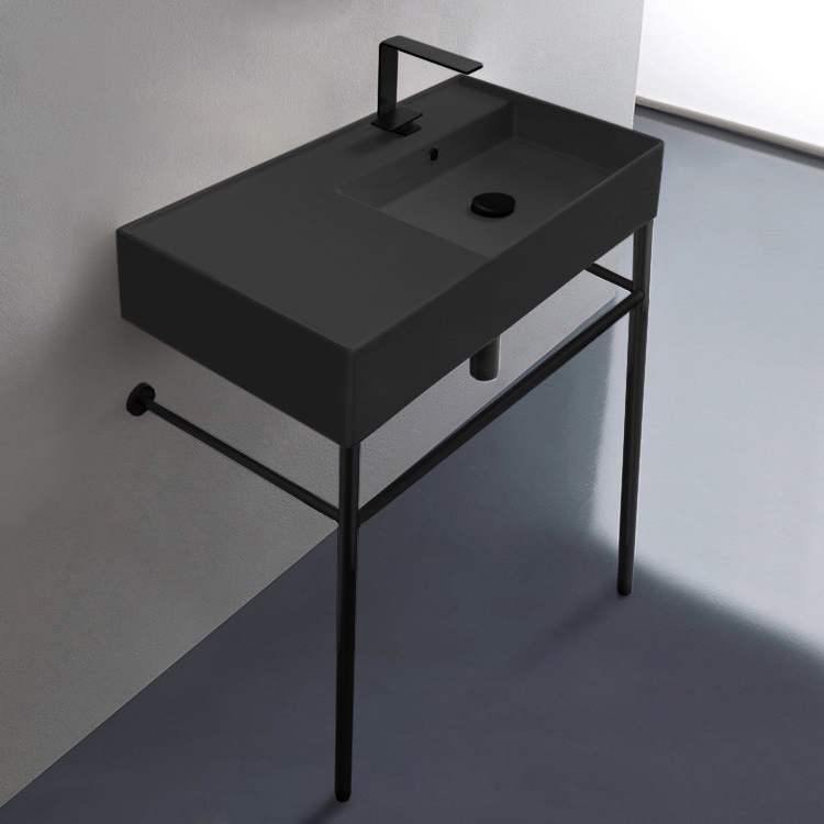 Matte Black Ceramic Console Sink and Matte Black Stand Scarabeo 5118-49-CON-BLK