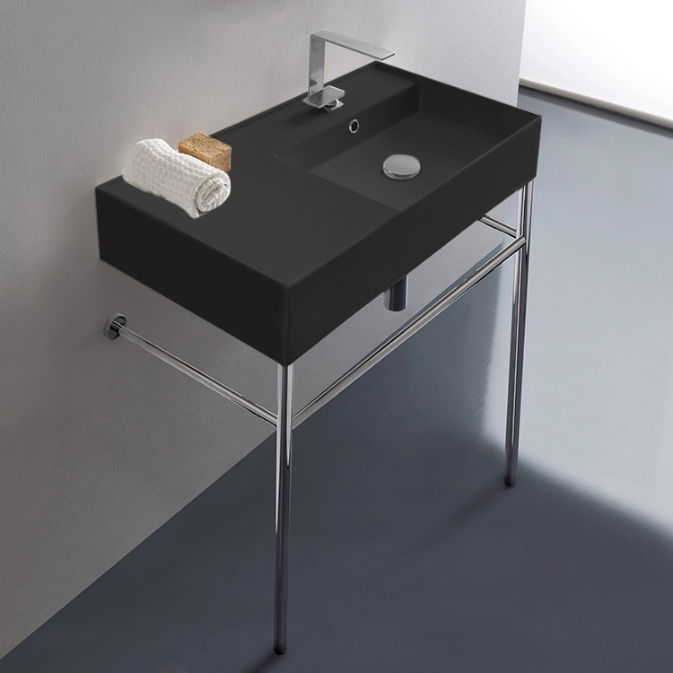 Bathroom Sink, Scarabeo 5118-49-CON-One Hole, Matte Black Ceramic Console Sink and Polished Chrome Stand
