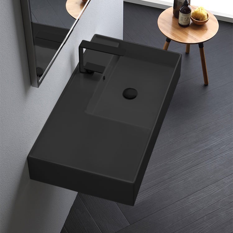 Scarabeo 5118-49 Matte Black Ceramic Wall Mounted or Vessel Sink With Counter Space