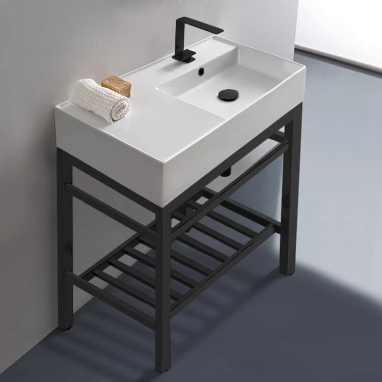Bathroom Sink, Scarabeo 5118-CON2-BLK-One Hole, Modern Ceramic Console Sink With Counter Space and Matte Black Base