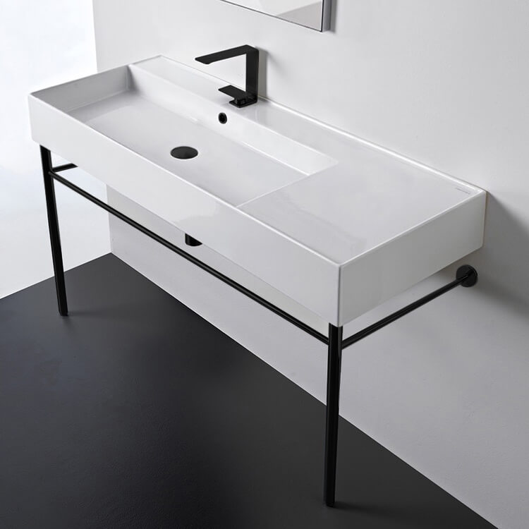 Bathroom Sink, Scarabeo 5119-CON-BLK-One Hole, Ceramic Console Sink and Matte Black Stand