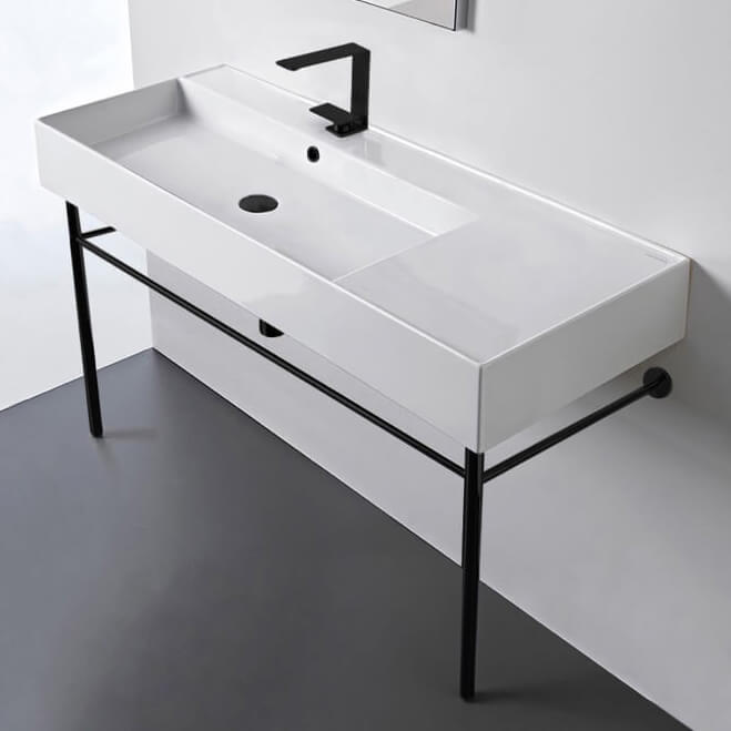 Bathroom Sink, Scarabeo 5121-CON-BLK-One Hole, Ceramic Console Sink and Matte Black Stand