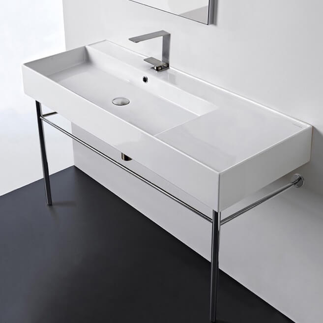 Scarabeo 5121-CON-One Hole Rectangular Ceramic Console Sink and Polished Chrome Stand, 48 Inch