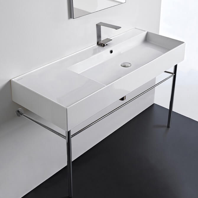 Scarabeo 5122-CON-One Hole Rectangular Ceramic Console Sink and Polished Chrome Stand, 48 Inch