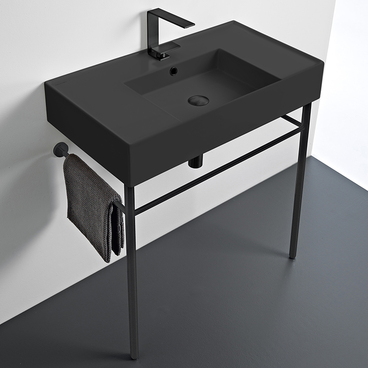 Matte Black Ceramic Console Sink and Matte Black Stand Scarabeo 5123-49-CON-BLK