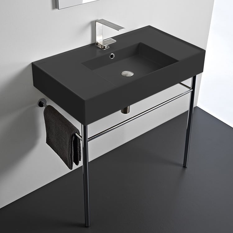 Matte Black Ceramic Console Sink and Polished Chrome Stand Scarabeo 5123-49-CON