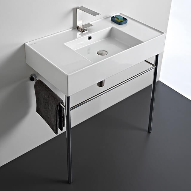 Bathroom Sink, Scarabeo 5123-CON-One Hole, Rectangular Ceramic Console Sink and Polished Chrome Stand