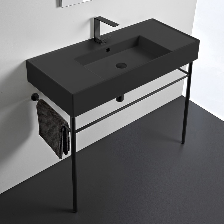 Scarabeo 5124-49-CON-BLK-One Hole Matte Black Ceramic Console Sink and Matte Black Stand