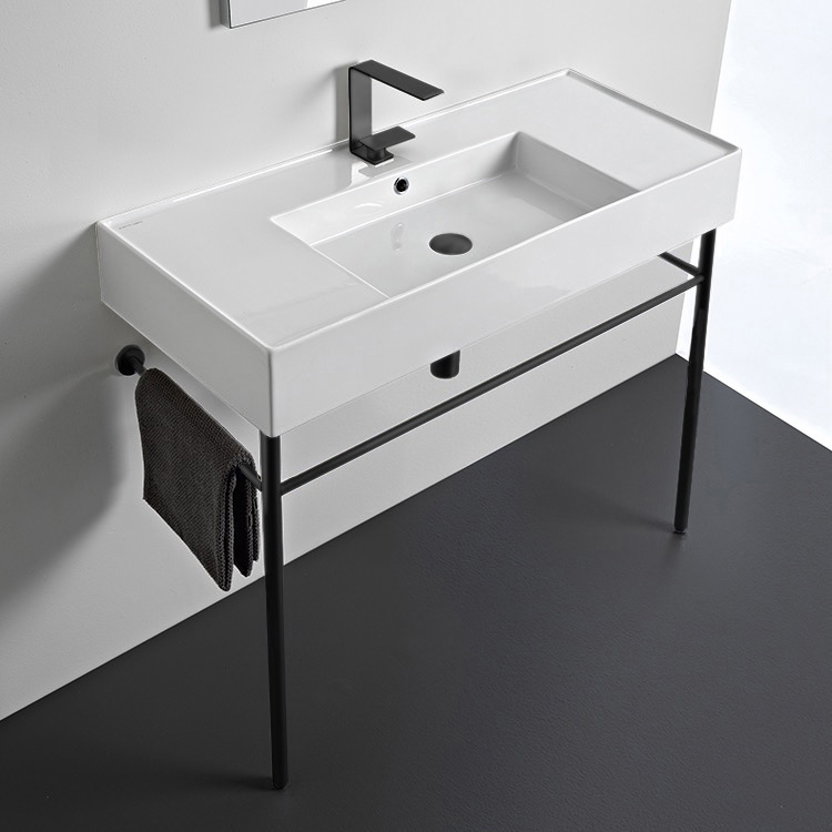 Scarabeo 5124-CON-BLK-One Hole Ceramic Console Sink and Matte Black Stand, 40 Inch