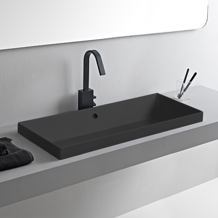 Rectangular Matte Black Ceramic Trough Drop In Sink