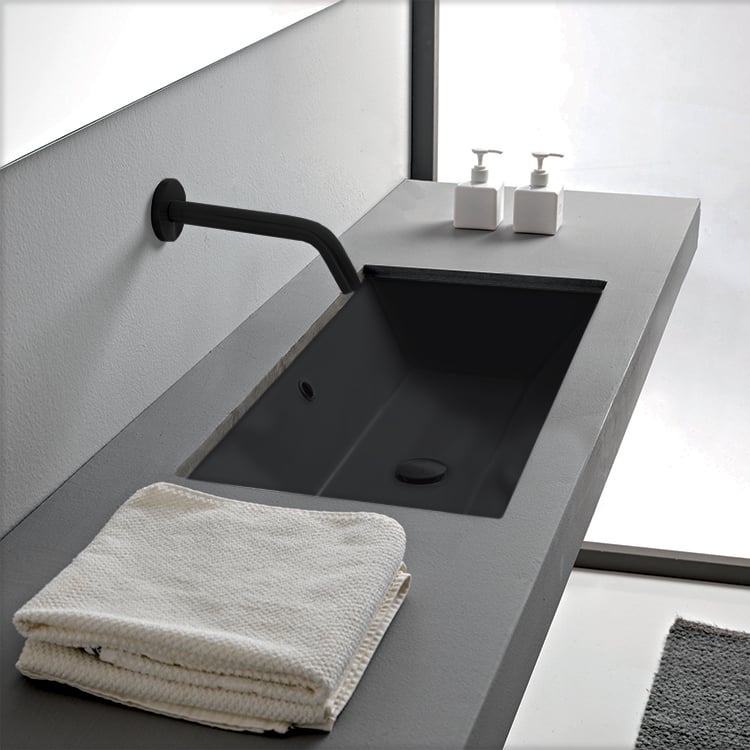 Black Undermount Sink in Ceramic, Modern, Rectangular, 24, Teorema 2 Scarabeo 5135-49 by Nameeks