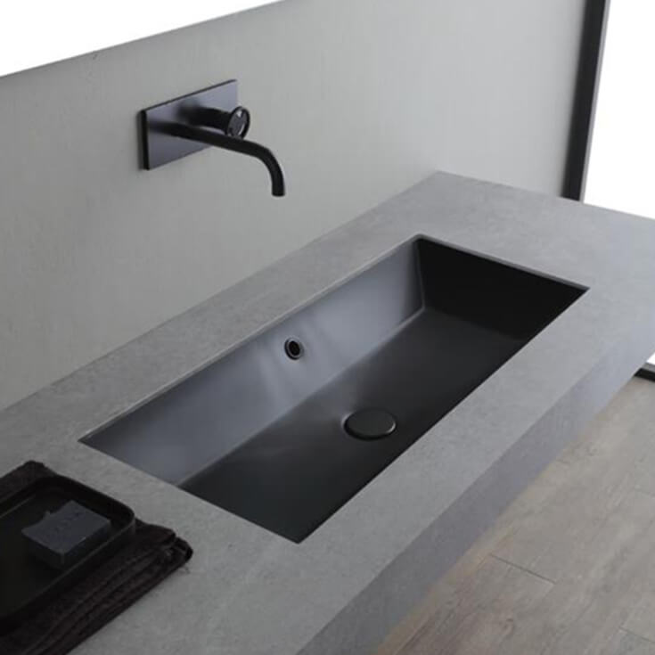 Scarabeo 5136-49 Rectangular Matte Black Ceramic Trough Undermount Sink