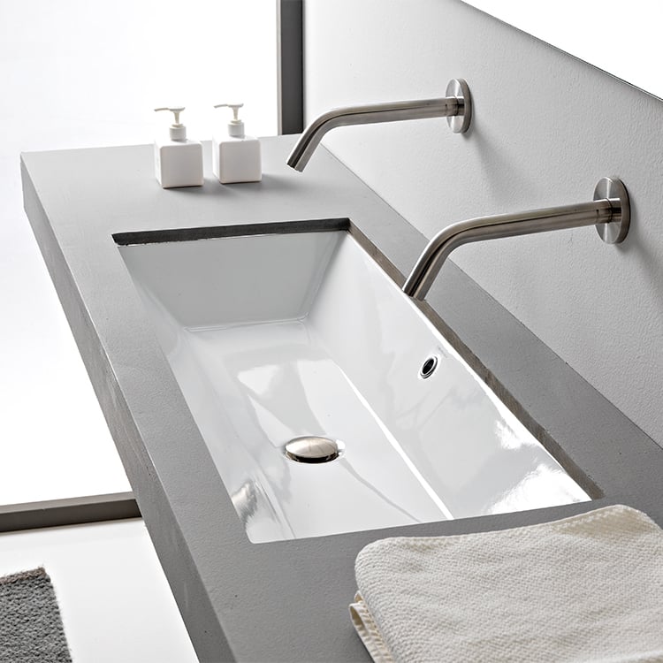 Bathroom Sink, Scarabeo 5136-No Hole, Rectangular White Ceramic Trough Undermount Sink