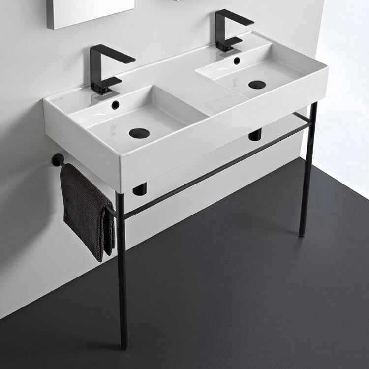Scarabeo 5142-CON-BLK-Two Hole Double Ceramic Console Sink With Matte Black Stand, 40 Inch