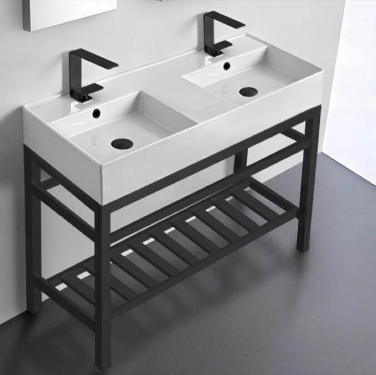 Bathroom Sink, Scarabeo 5142-CON2-BLK-Two Hole, Double Ceramic Console Sink With Matte Black Stand