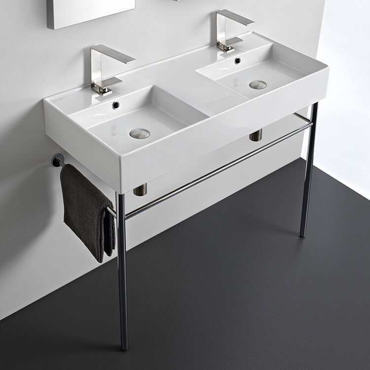Scarabeo 5142-CON-Two Hole Double Ceramic Console Sink With Polished Chrome Stand