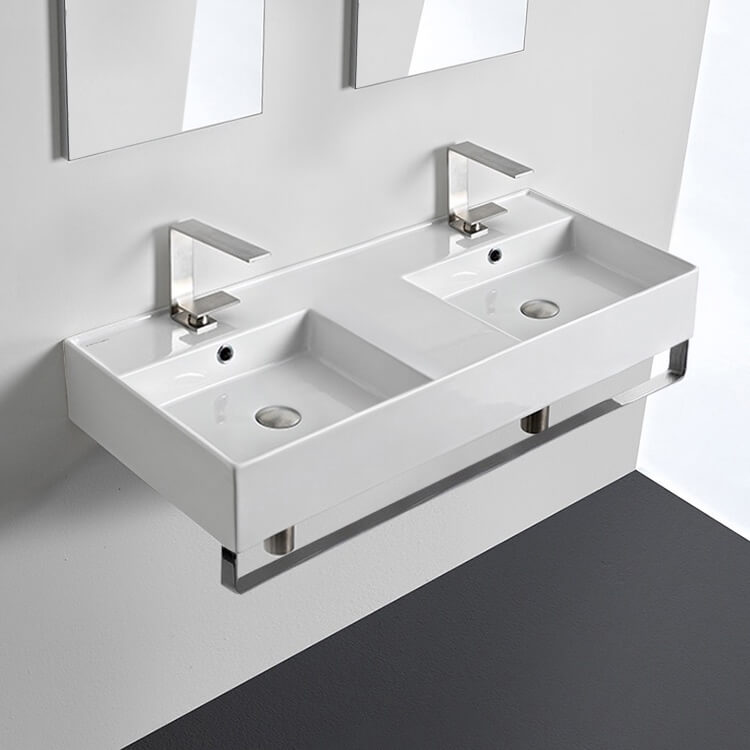 Scarabeo 5142-TB-Two Hole Double Ceramic Wall Mounted Sink With Polished Chrome Towel Holder