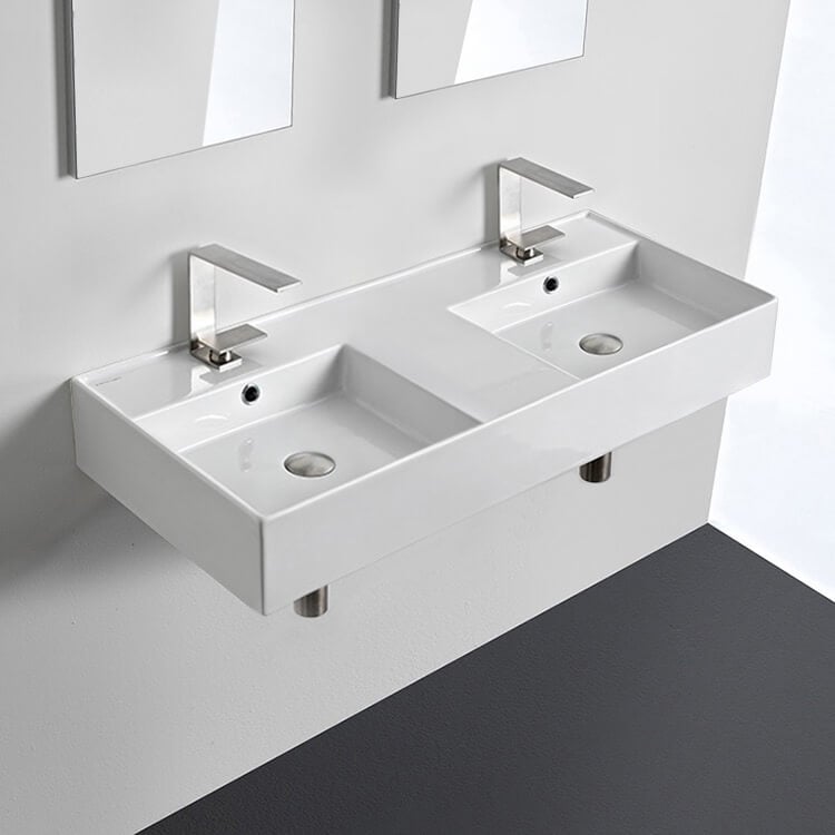 Scarabeo 5142-Two Hole Double Rectangular Ceramic Wall Mounted or Vessel Sink With Counter Space