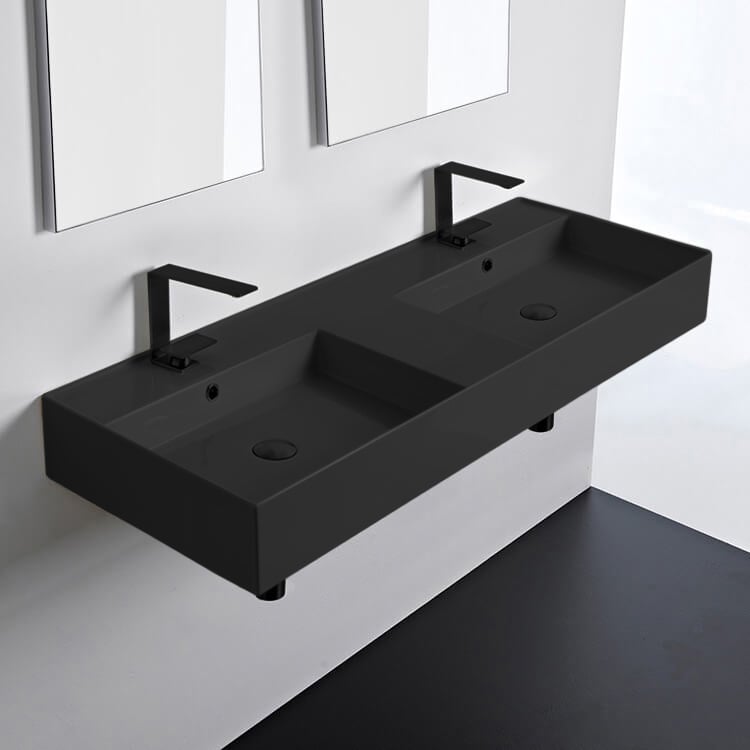 Scarabeo 5143-49 Double Matte Black Ceramic Wall Mounted or Vessel Sink With Counter Space
