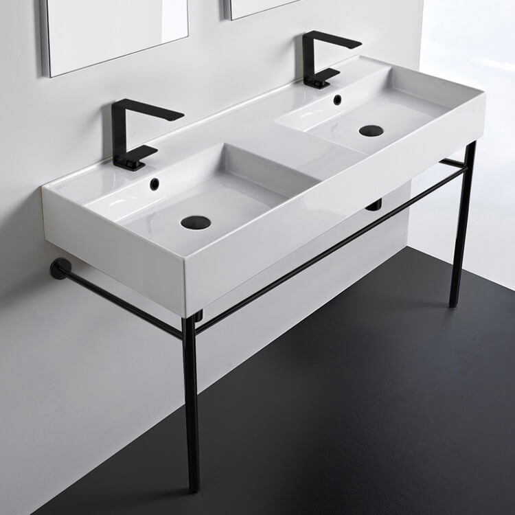 Scarabeo 5143-CON-BLK-Two Hole Double Ceramic Console Sink With Matte Black Stand