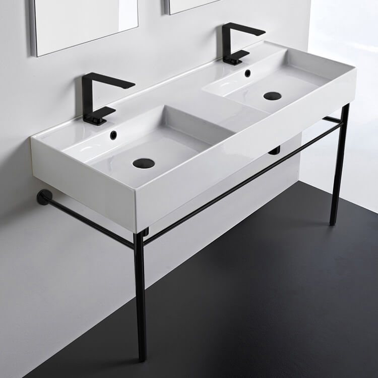 Scarabeo 5143-CON-BLK Double Ceramic Console Sink With Matte Black Stand, 48 Inch