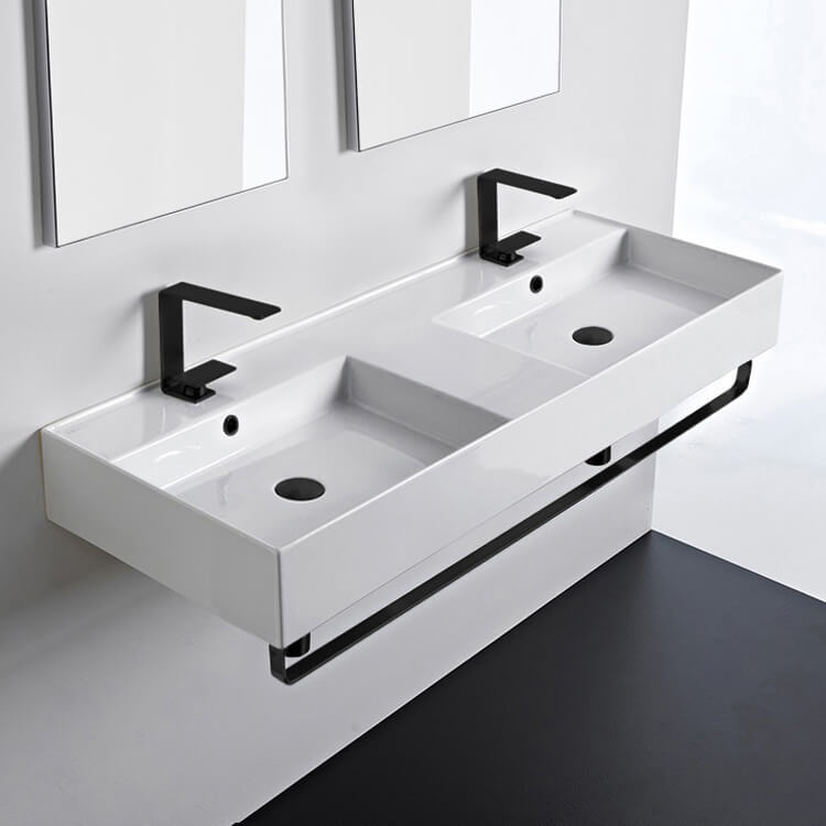 Scarabeo 5143-TB-BLK-Two Hole Double Ceramic Wall Mounted Sink With Matte Black Towel Holder