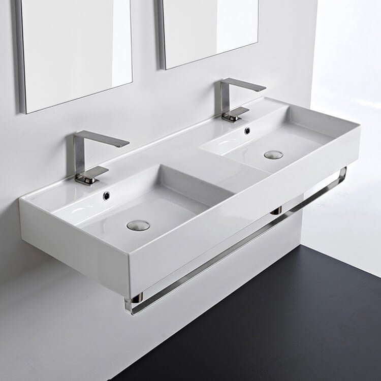 Scarabeo 5143-TB-Two Hole Double Ceramic Wall Mounted Sink With Polished Chrome Towel Holder