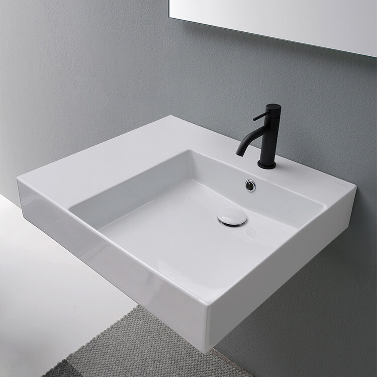 Scarabeo 5148-One Hole Rectangular Ceramic Wall Mounted or Vessel Sink With Counter Space