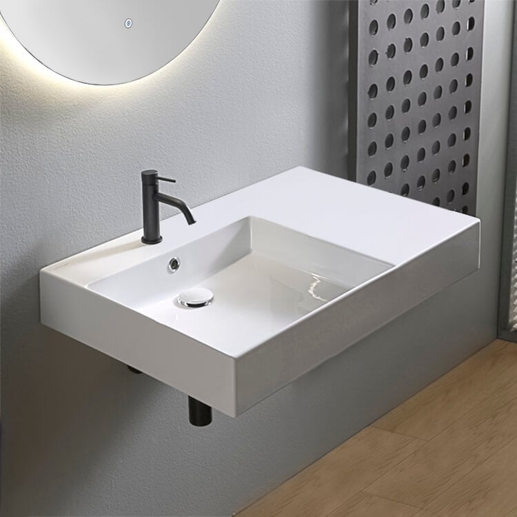 Scarabeo 5149 Rectangular Ceramic Wall Mounted or Vessel Sink With Counter Space