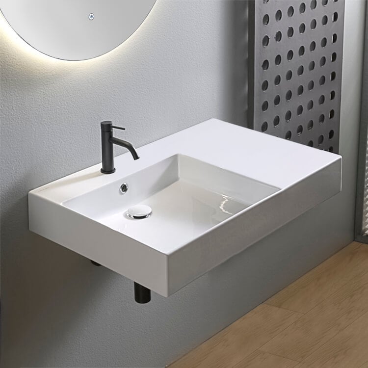 Wall Mounted Sink in Ceramic, Modern, Rectangular, 32, with Counter Space, Teorema 2 Scarabeo 5115 by Nameeks