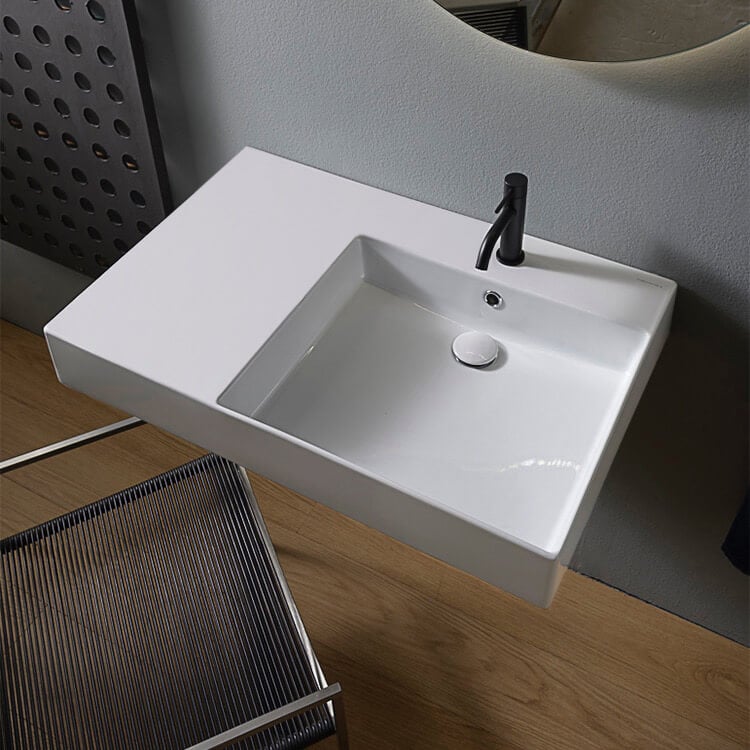 Scarabeo 5150-One Hole Rectangular Ceramic Wall Mounted or Vessel Sink With Counter Space