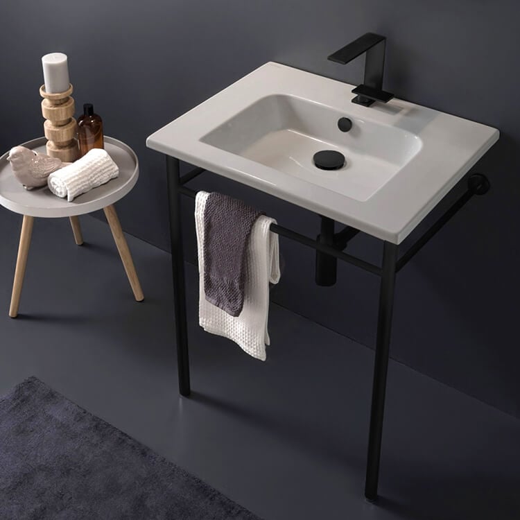 Scarabeo 5210-CON-BLK-One Hole Ceramic Console Sink and Matte Black Stand