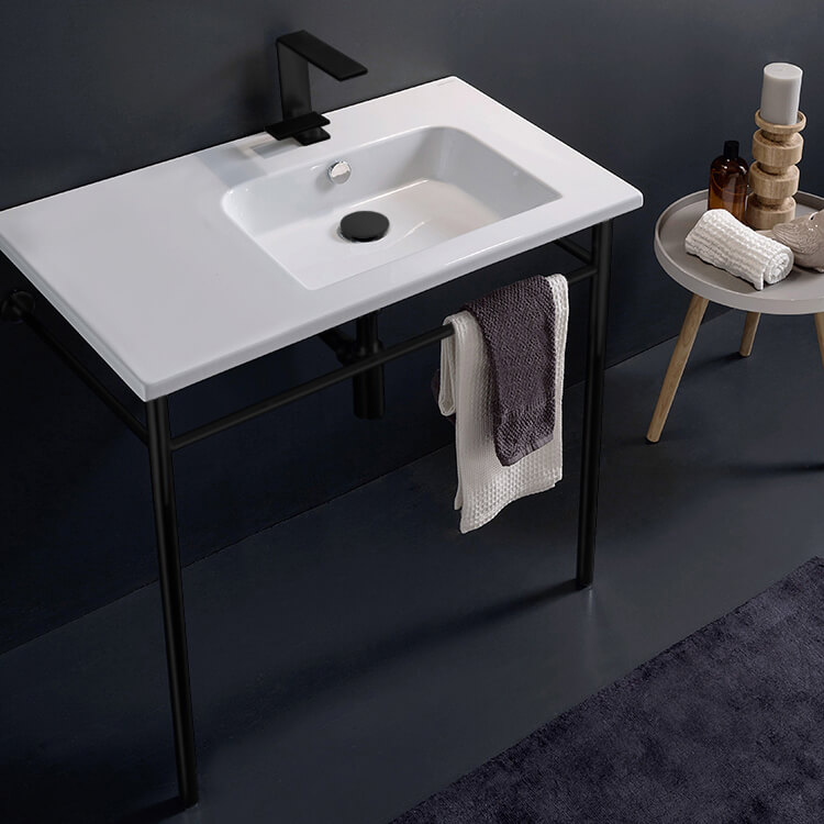 Scarabeo 5212-CON-BLK-One Hole Ceramic Console Sink and Matte Black Stand