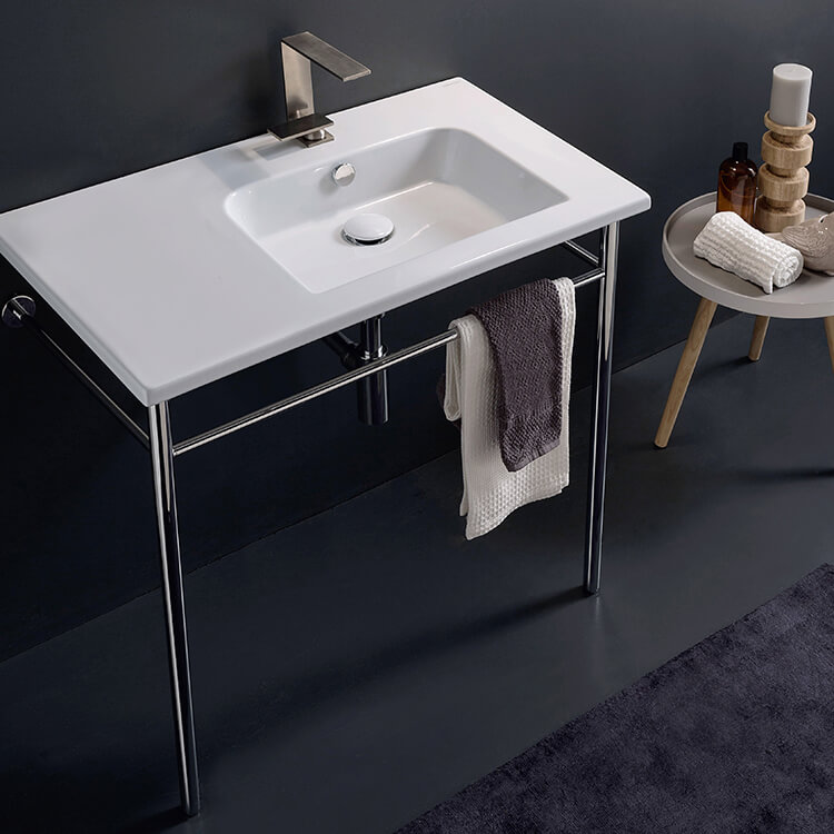 Scarabeo 5212-CON-One Hole Rectangular Ceramic Console Sink and Polished Chrome Stand