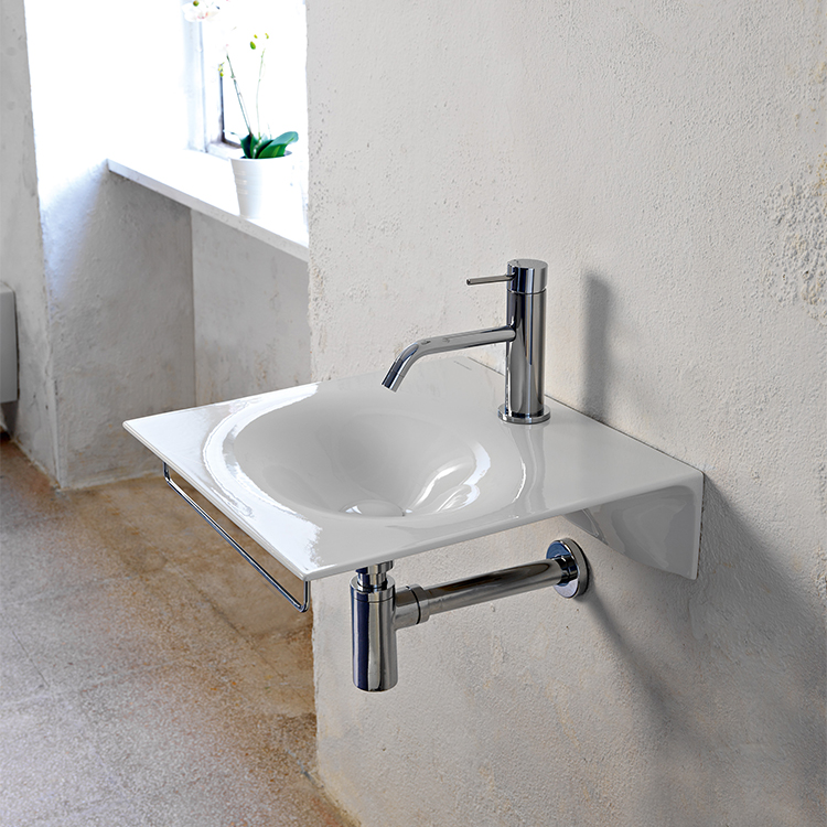Ultra Thin White Ceramic Wall Mounted Sink With Chrome Towel Bar